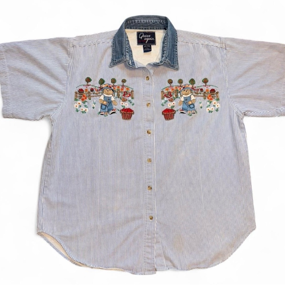 Vintage Teddy Bear Grandmacore Striped Button-Down Shirt with Embroidered Design